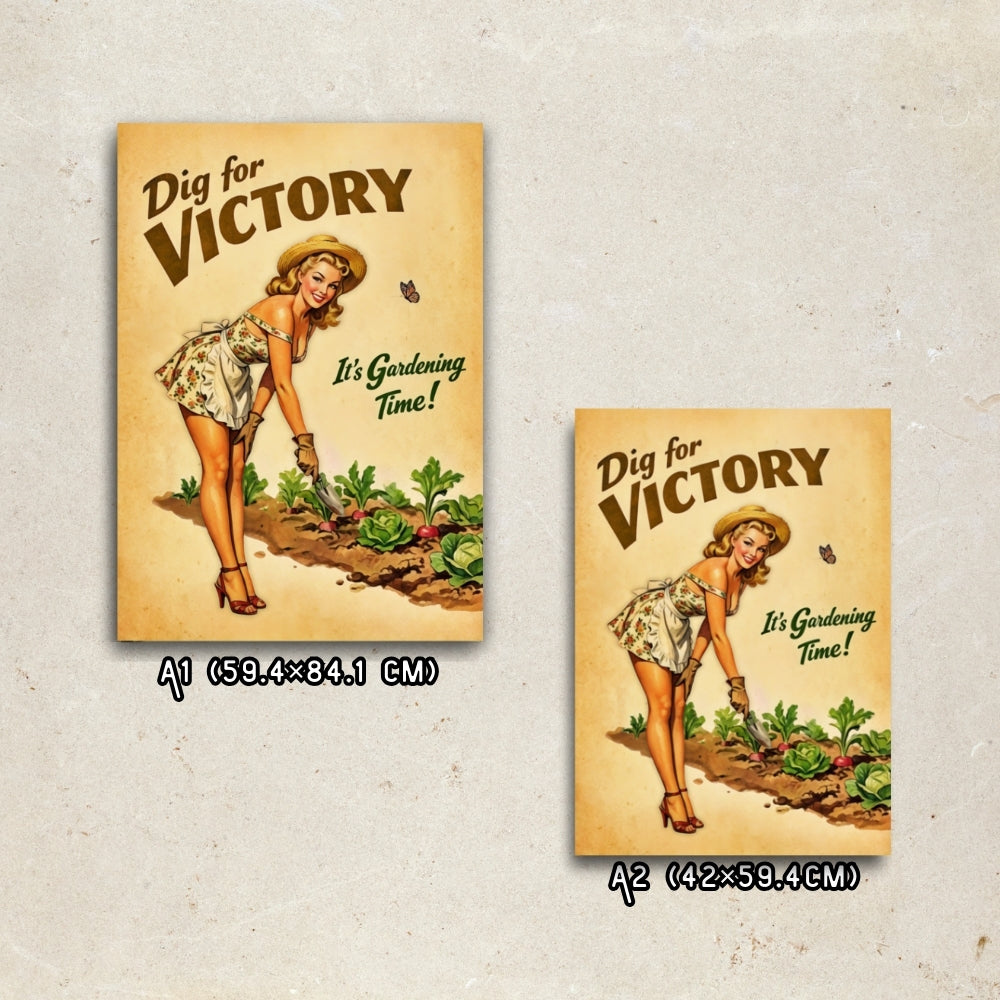 Two 'Dig for Victory' posters featuring a woman gardening on a textured beige background.