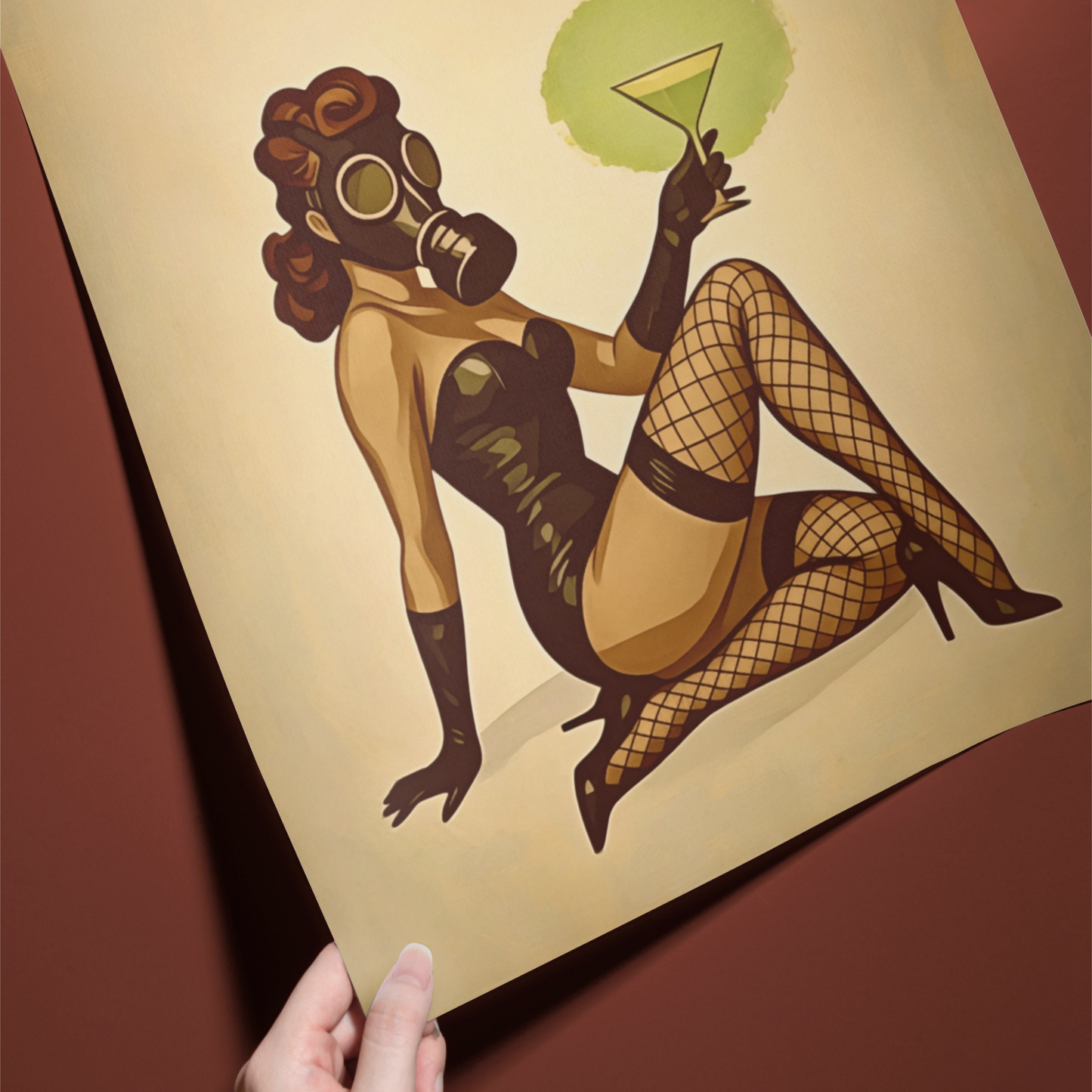 Vintage Pin Up Art Print | Pin-Up with Retro Gas Mask & Radioactive Martini