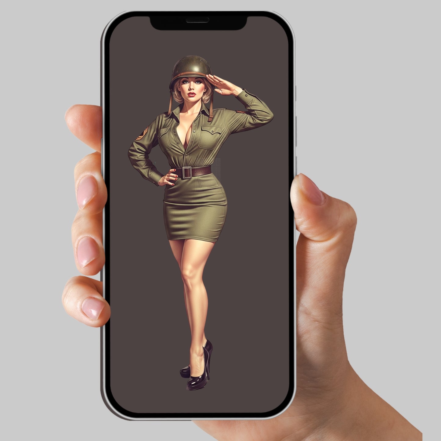 Phone case with a design of a woman in military attire held by a hand