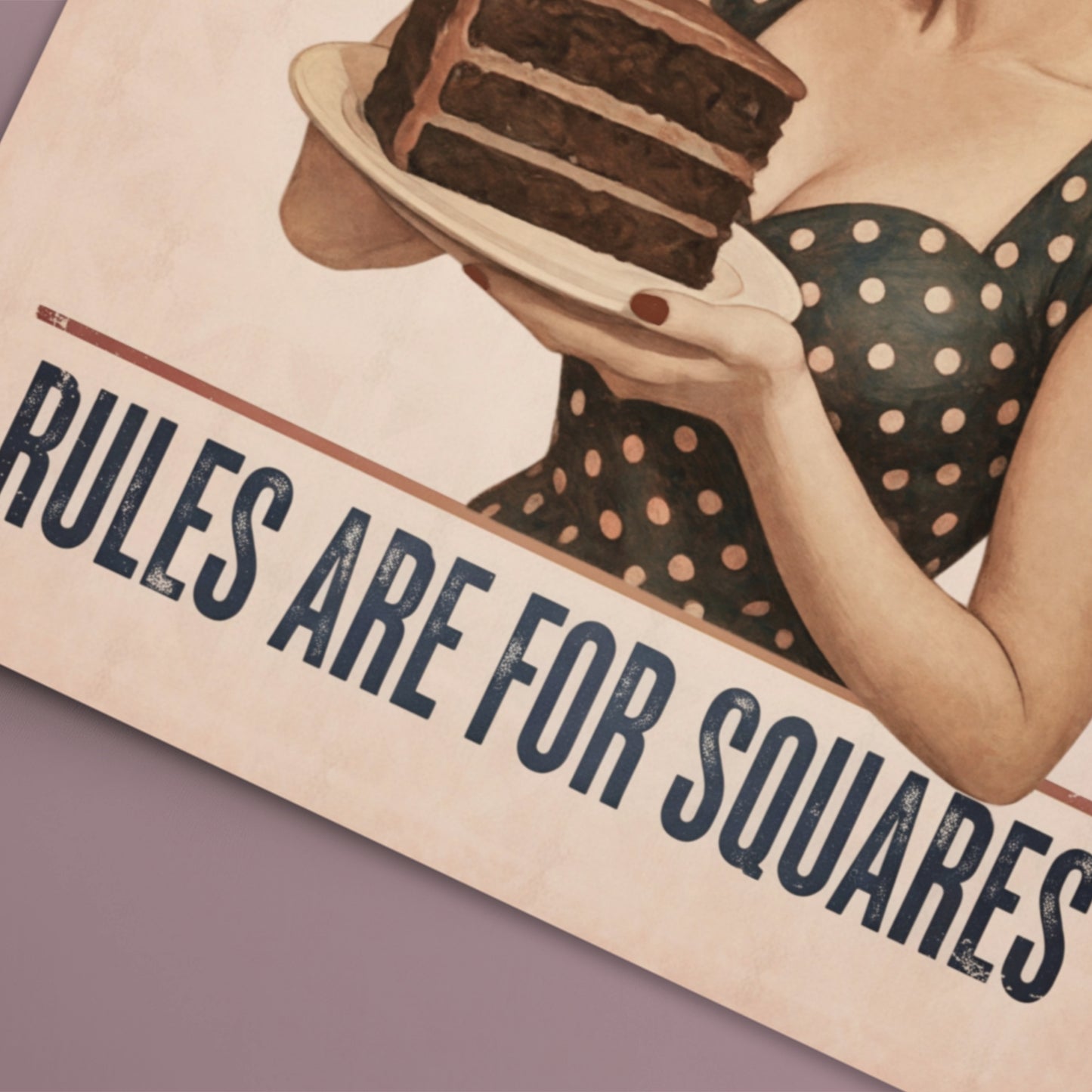close up detail of a Skip the diet eat the cake, rules are for squares vintage pink greeting card 