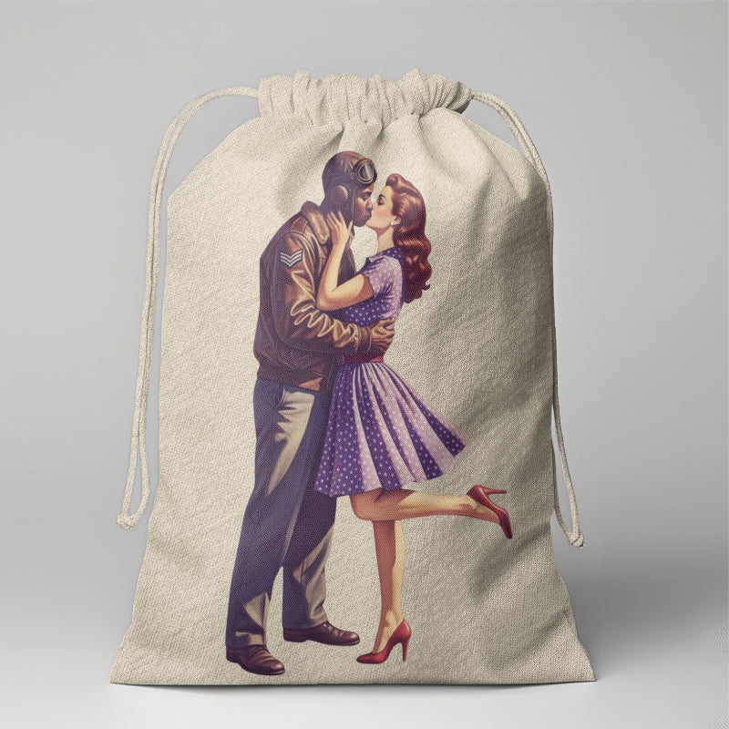 Drawstring bag with vintage-style illustration of a couple on a plain background