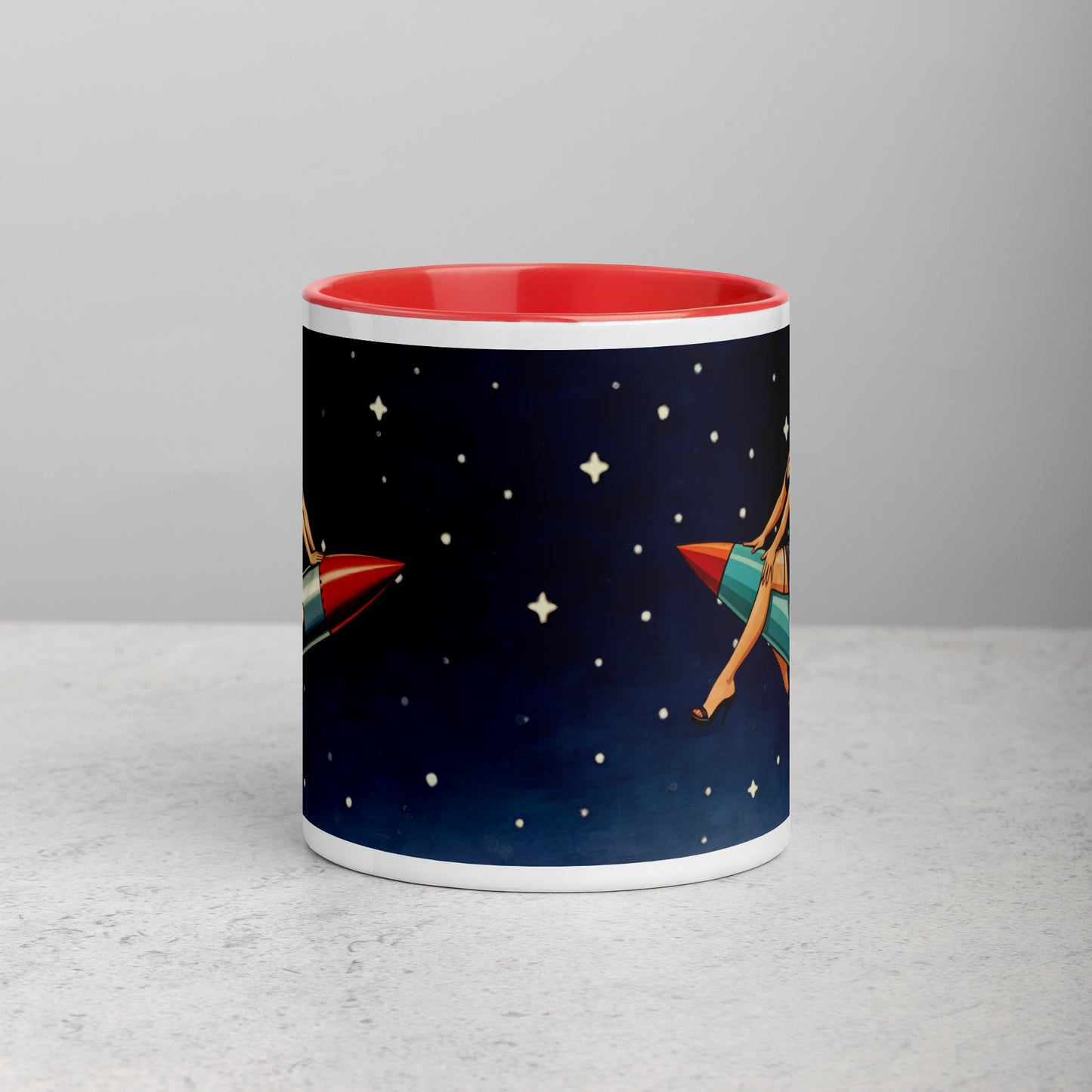 Retro Pin Up Rocket Mug | Vintage Space Girl Coffee Cup | Atomic Age Bombshell Art | Mid Century Sci-Fi Gift