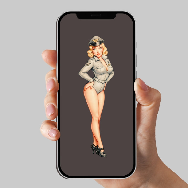 Phone displaying a pin-up style illustration of a woman in a uniform held by a hand on a gray background