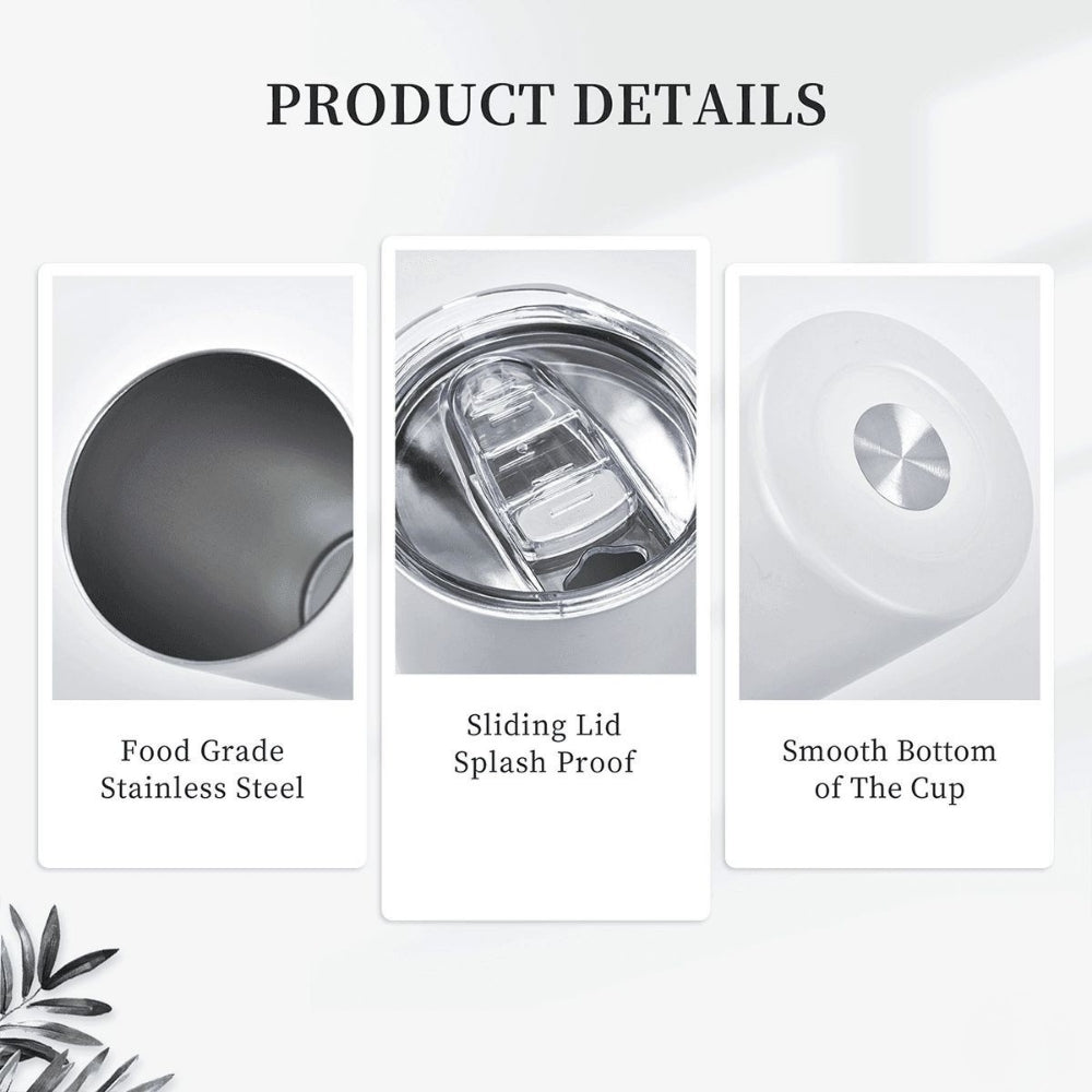 Product details of a stainless steel cup with features highlighted.
