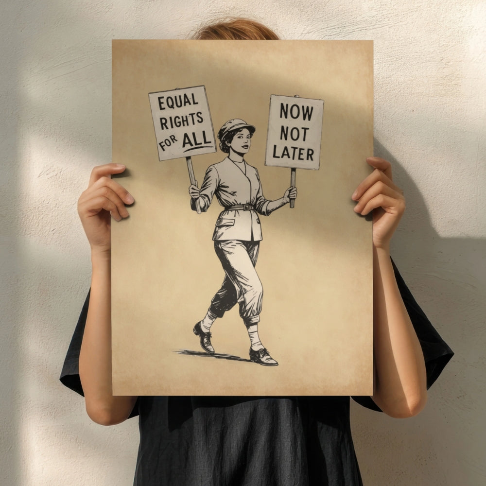 Person holding a poster with a woman holding signs advocating for equal rights.