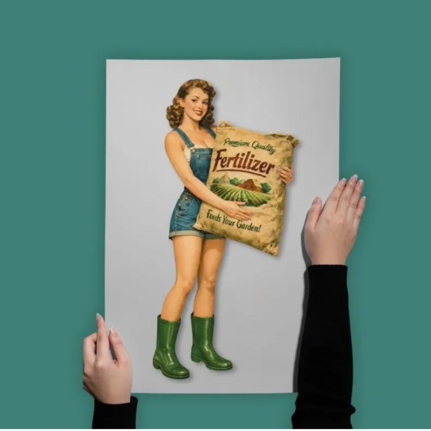 Vintage-style poster of a woman holding a fertilizer bag against a teal background