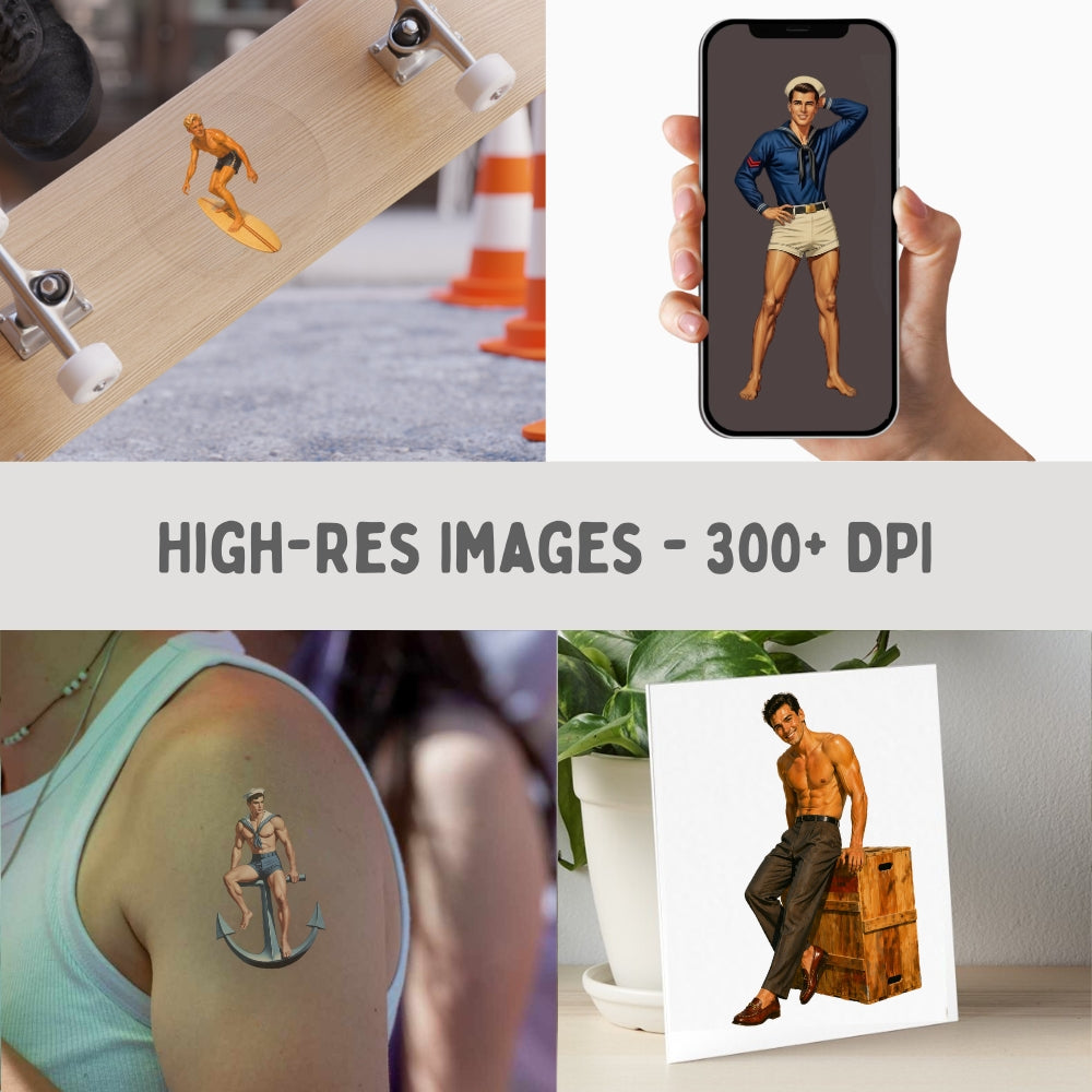 Collage of images featuring a man in vintage swimwear, including tattoos and phone screens.