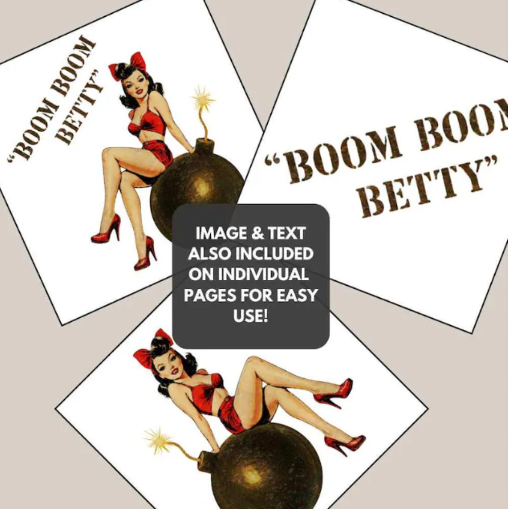 Vintage-style graphic of a woman in a red dress sitting on a bomb with 'Boom Boom Betty' text.