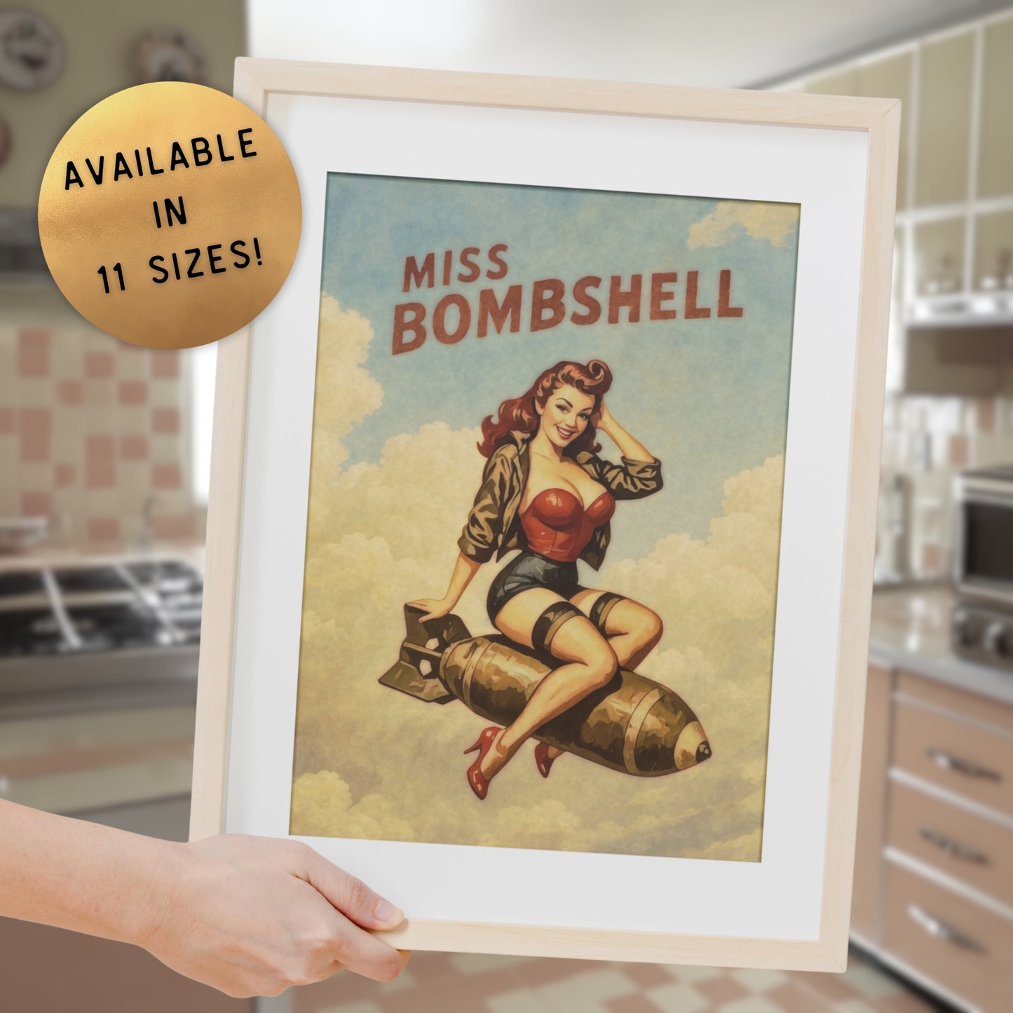 Person holding a poster with a vintage-style illustration of a woman and anchor, with text 'Permission to come aboard.