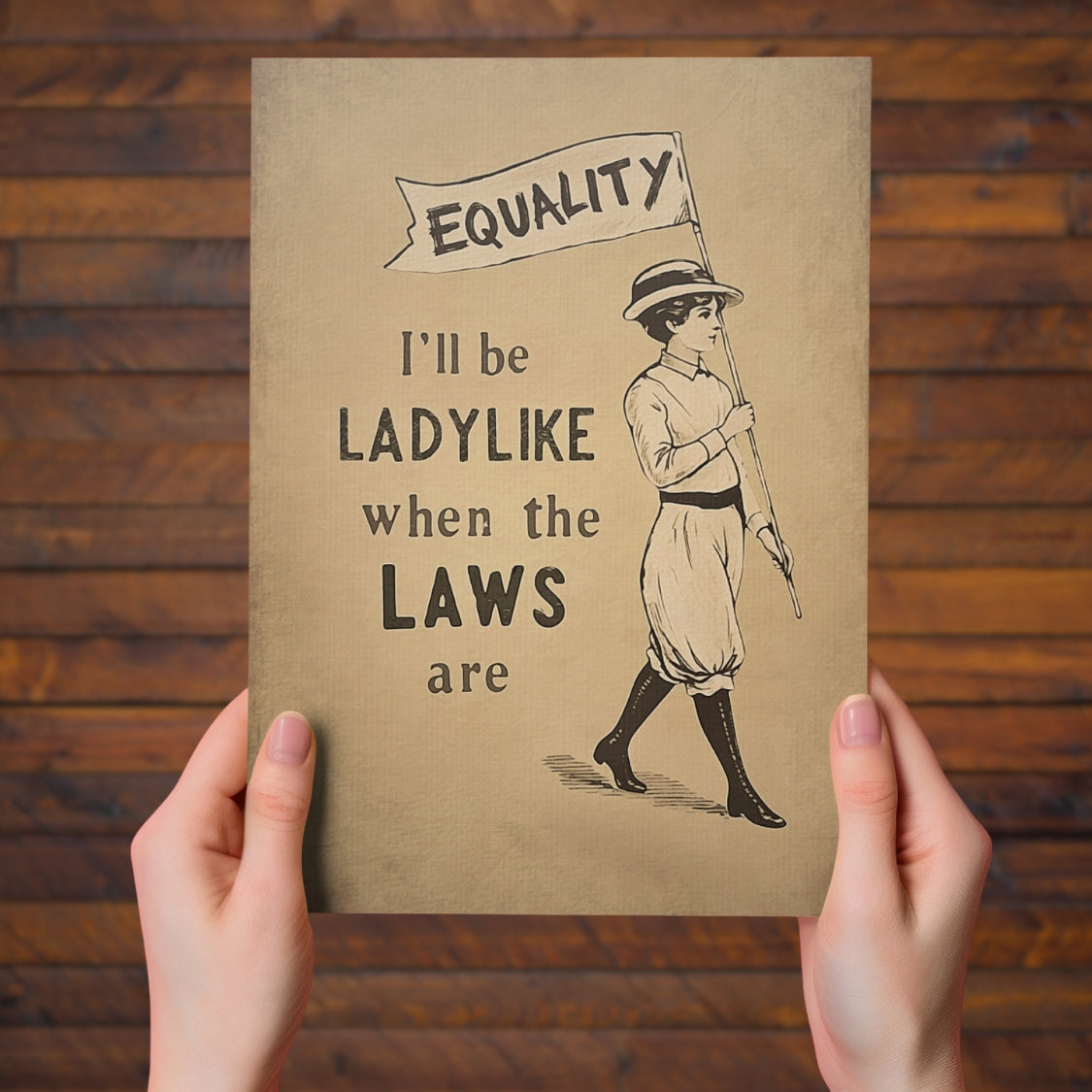 Poster with a woman holding a banner and text about equality on a wooden background