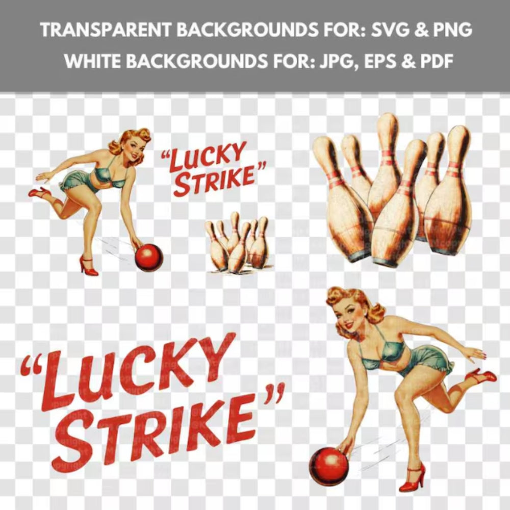 Vintage-style 'Lucky Strike' advertisement with pin-up girls and bowling pins on a transparent background.
