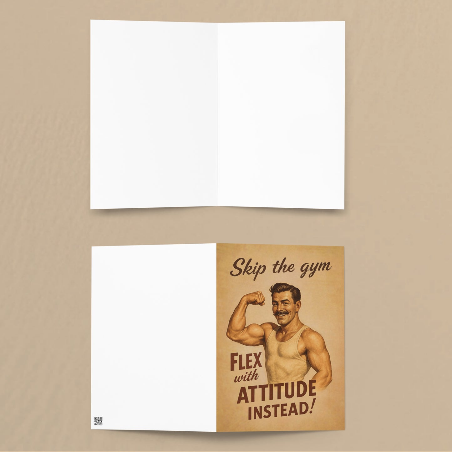 Two greeting cards on a beige background, one with a white cover and the other with a brown cover featuring a muscular man and text.