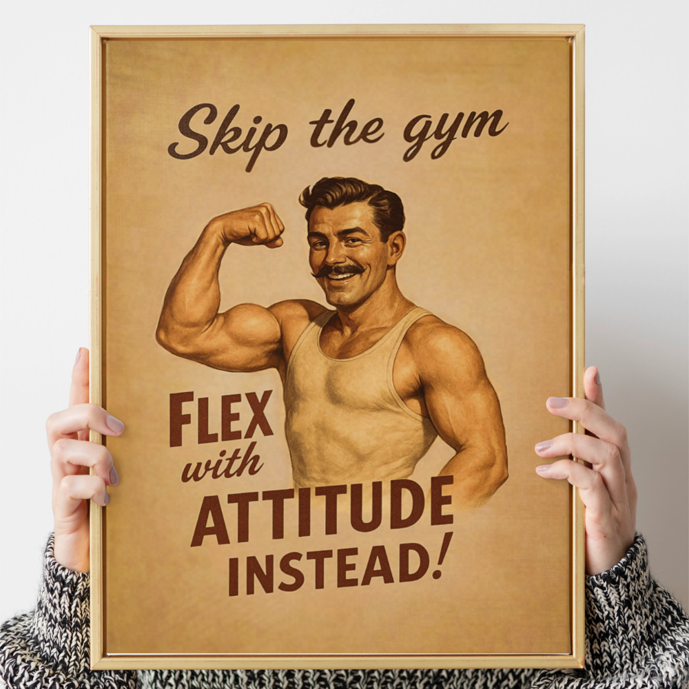 Framed poster with a vintage-style illustration of a muscular man flexing his arm, with text 'Skip the gym Flex with Attitude Instead!' held by two hands.