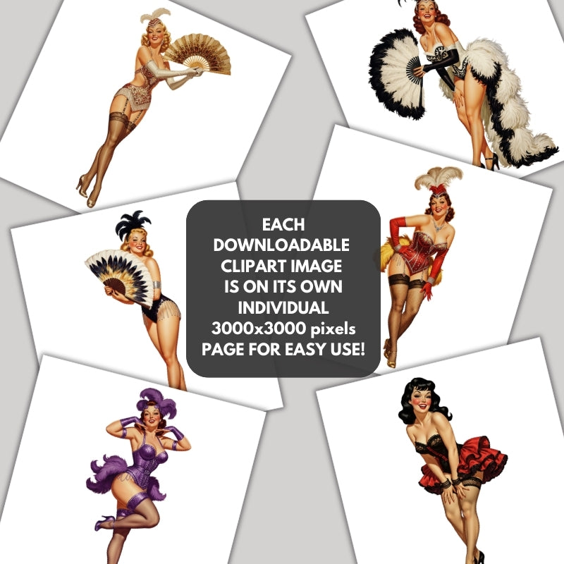 Vintage-style pin-up girl illustrations on white cards with promotional text.