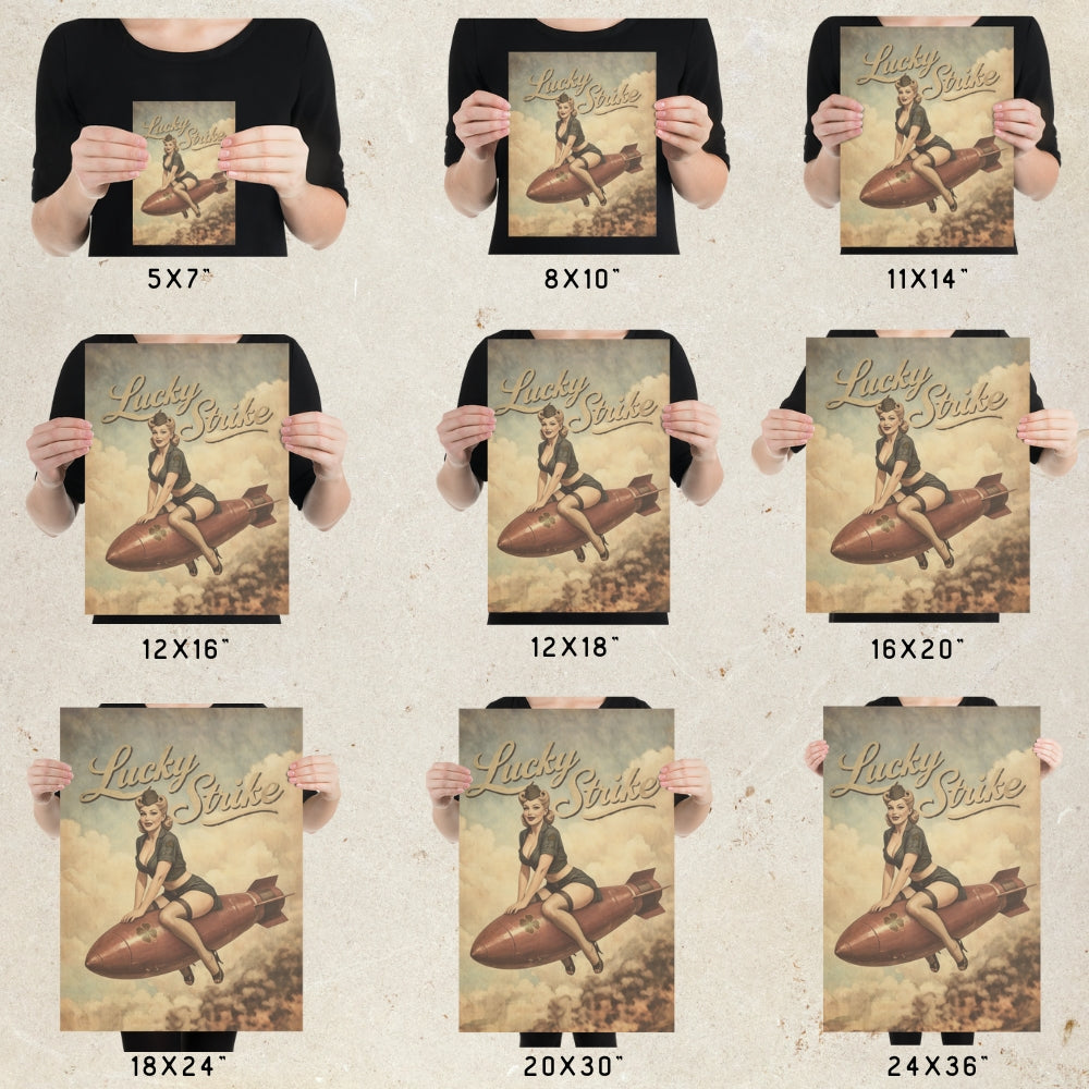 Person holding posters of a vintage-style design with text and an illustration of a woman on a surfboard.