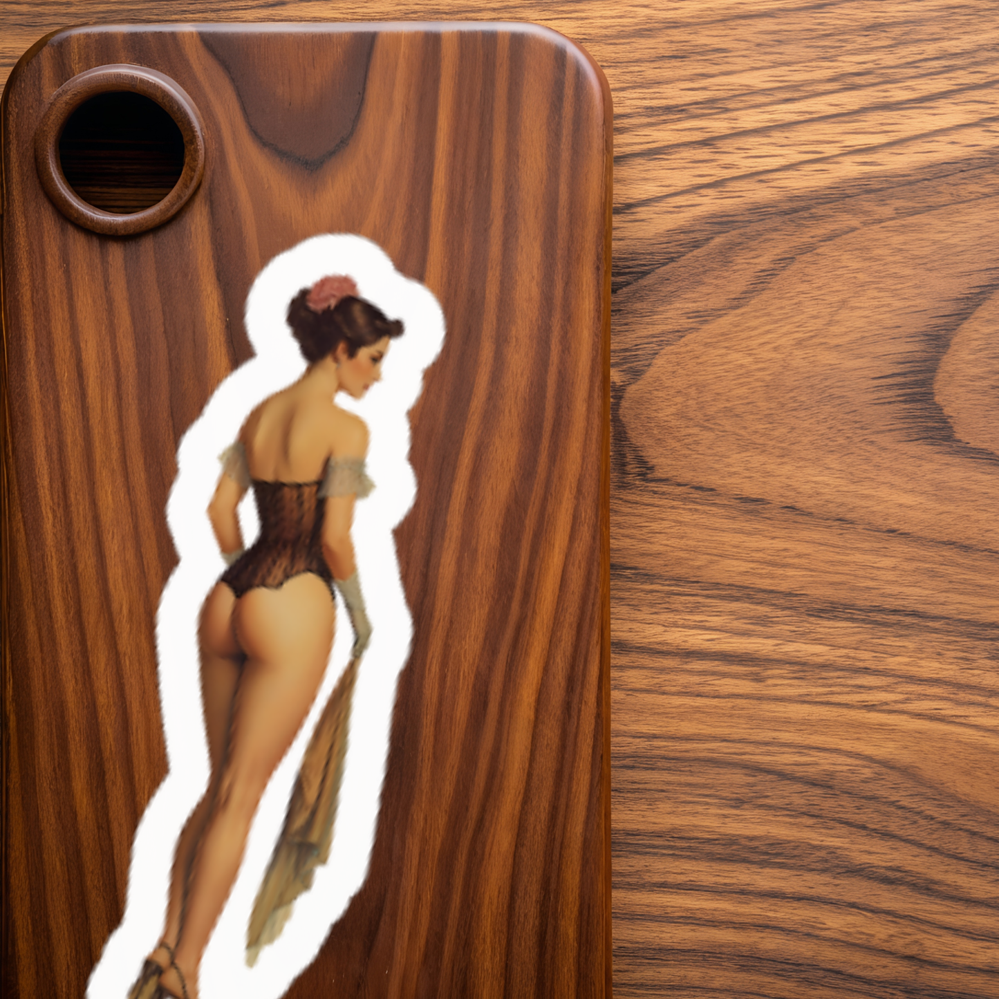 Wooden product with a sticker of a woman in lingerie on a wooden surface
