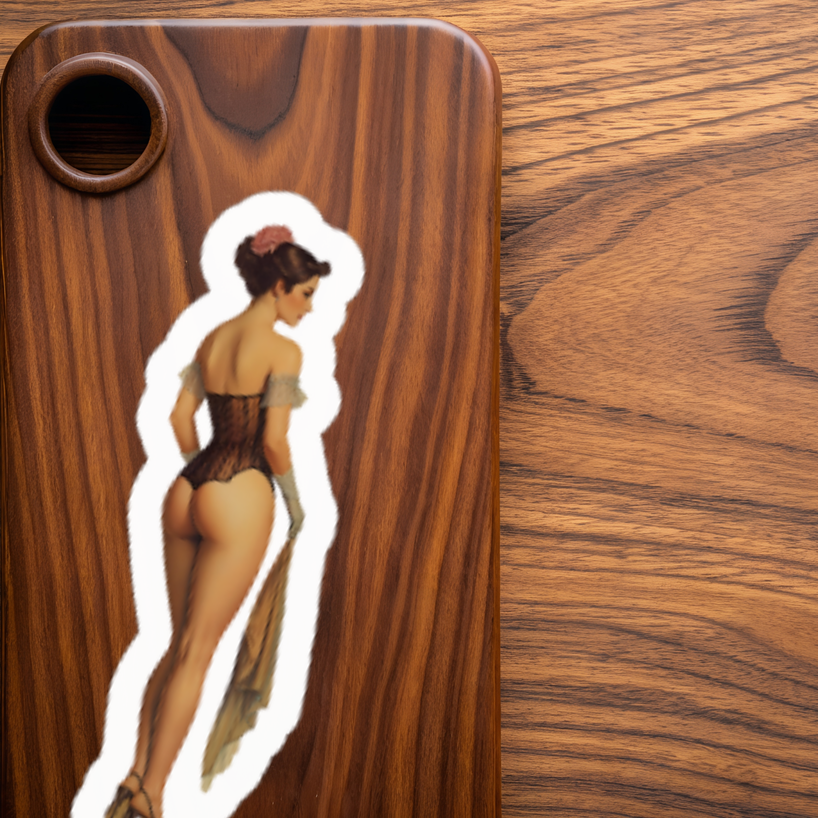 Wooden product with a sticker of a woman in lingerie on a wooden surface