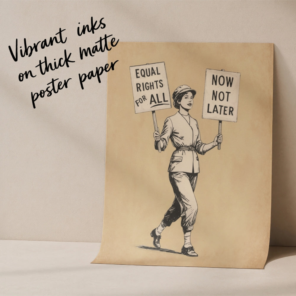 Poster with a woman holding signs advocating for equal rights, displayed on a beige background.