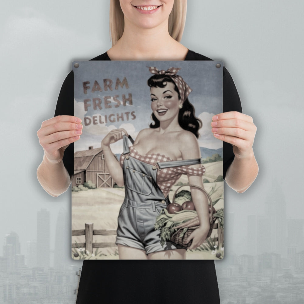 person smiling and holding a Farm Fresh Delights country pinup farm girl metal poster