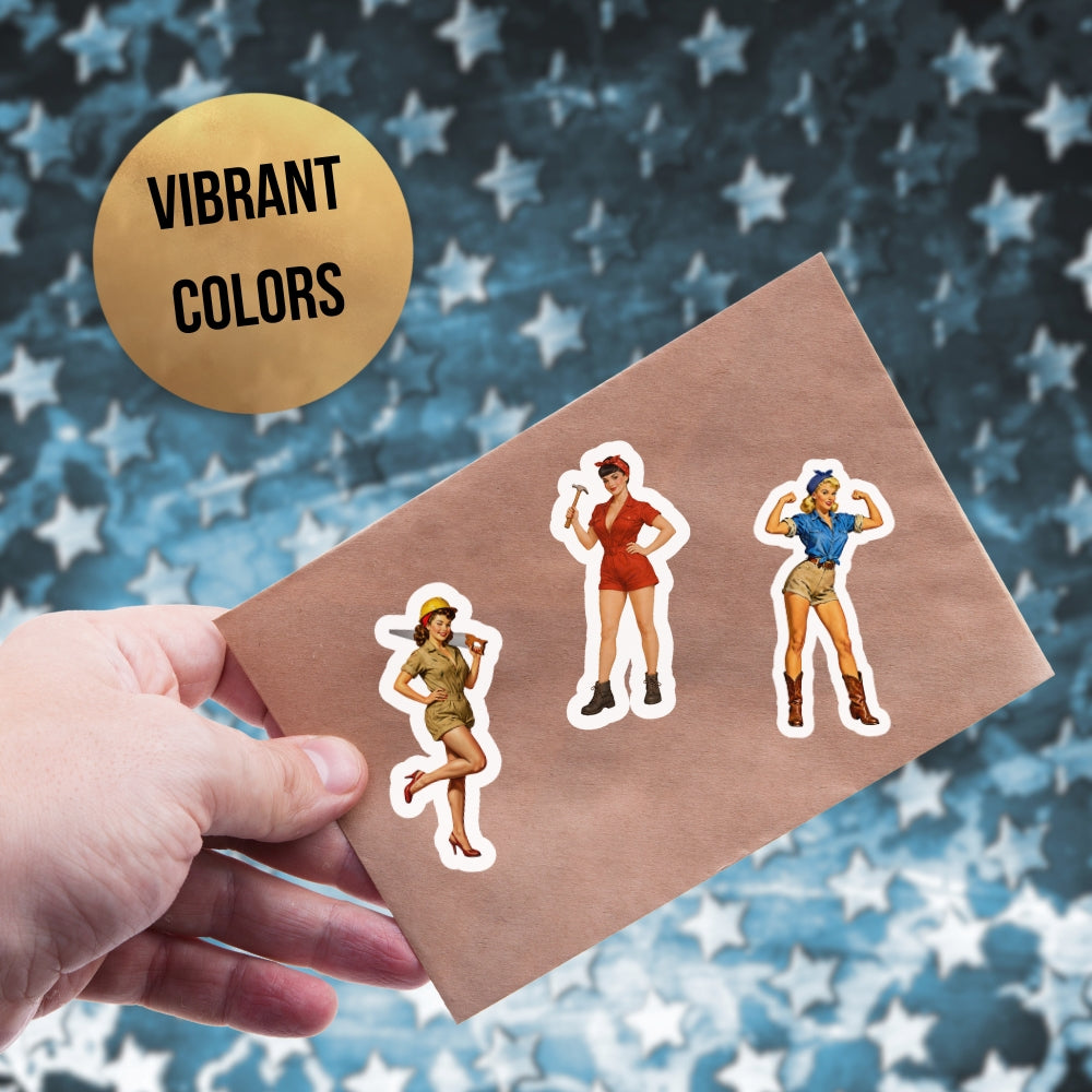 Hand holding a card with three illustrated women on a blue starry background, with a 'Vibrant Colors' label.