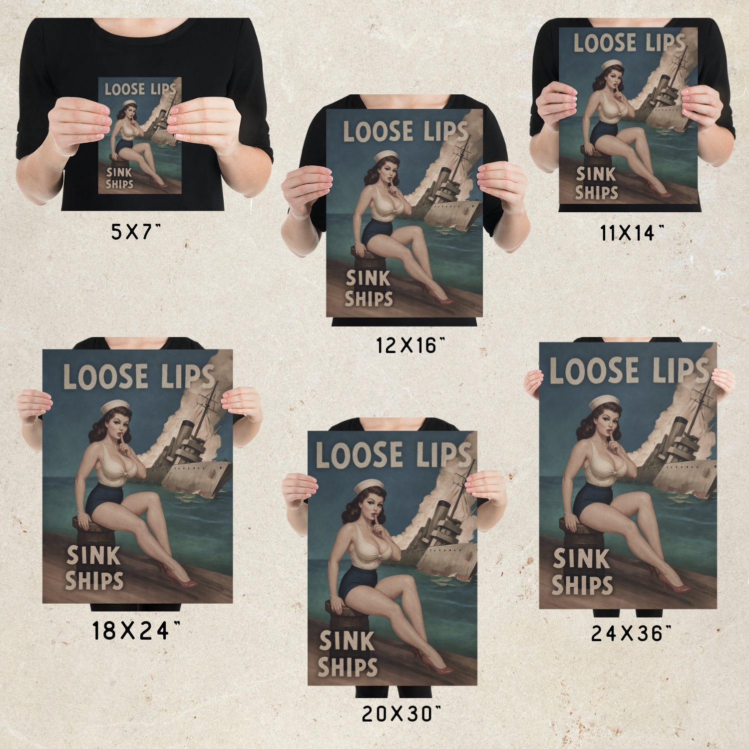 Person holding vintage-style 'Loose Lips Sink Ships' posters of different sizes.