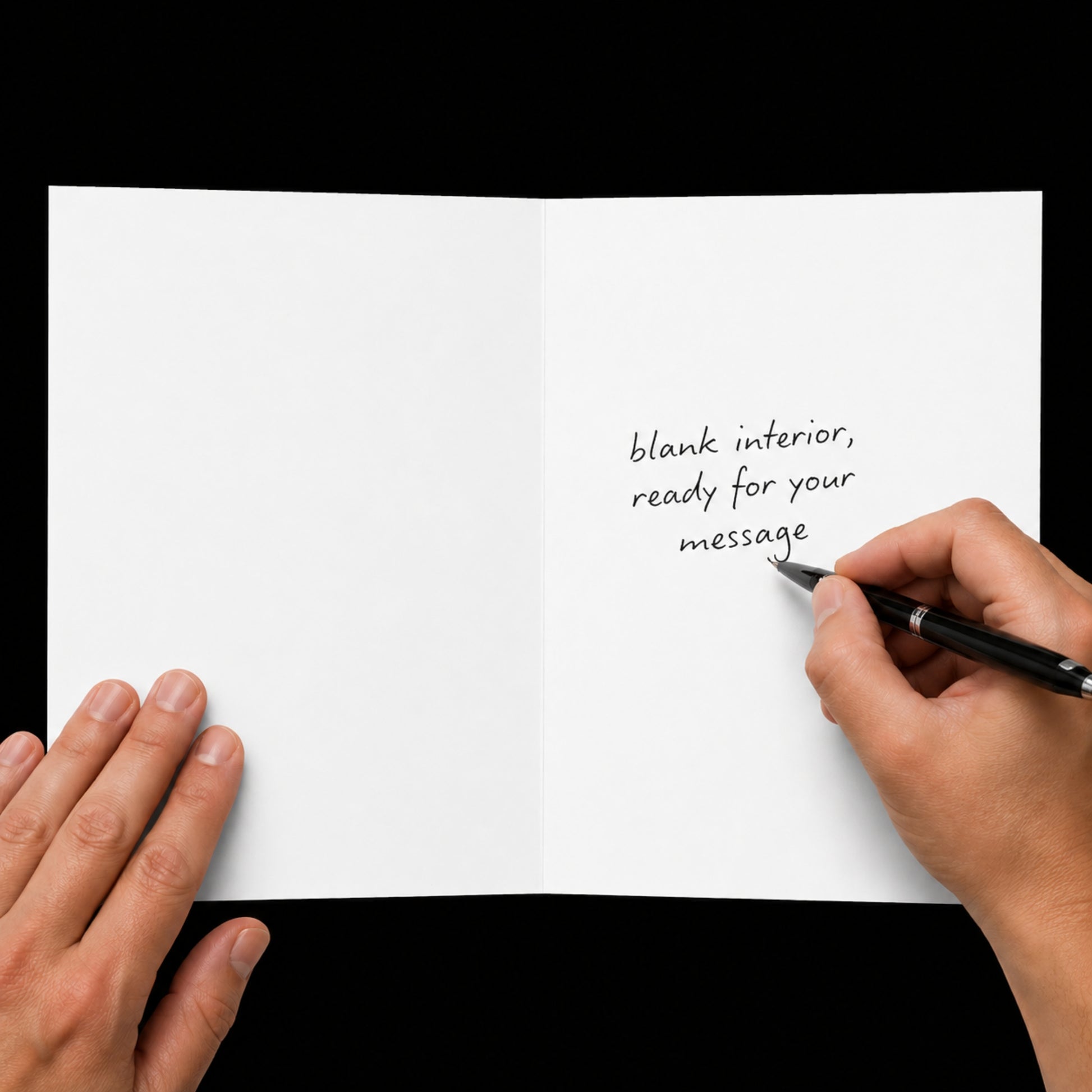 Person holding a pen over a blank piece of paper with text 'blank interior, ready for your message'.