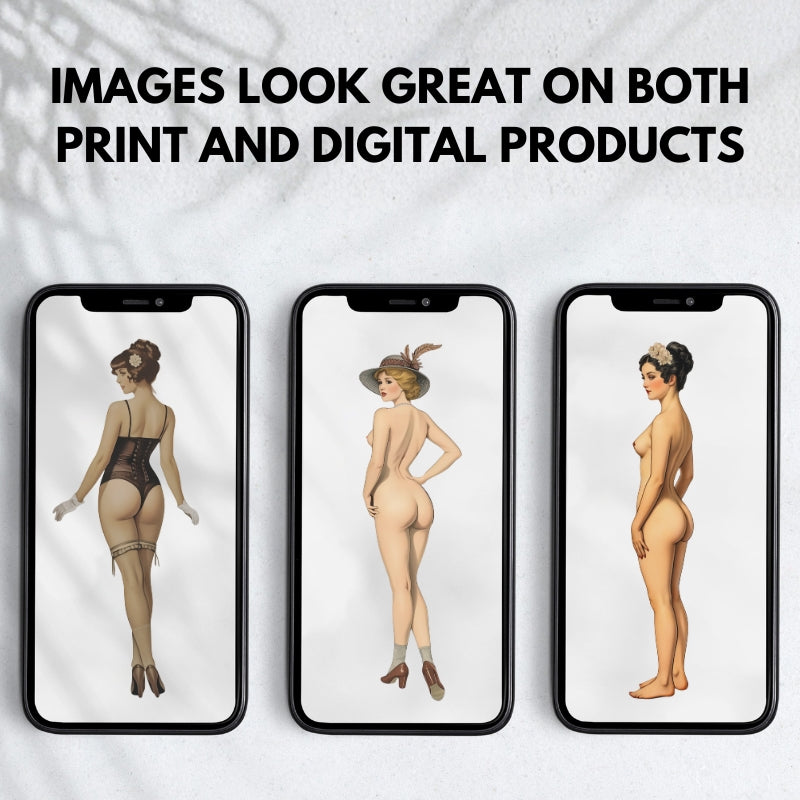 Three smartphone screens displaying different body types on a textured white background with text 'Images look great on both print and digital products'.