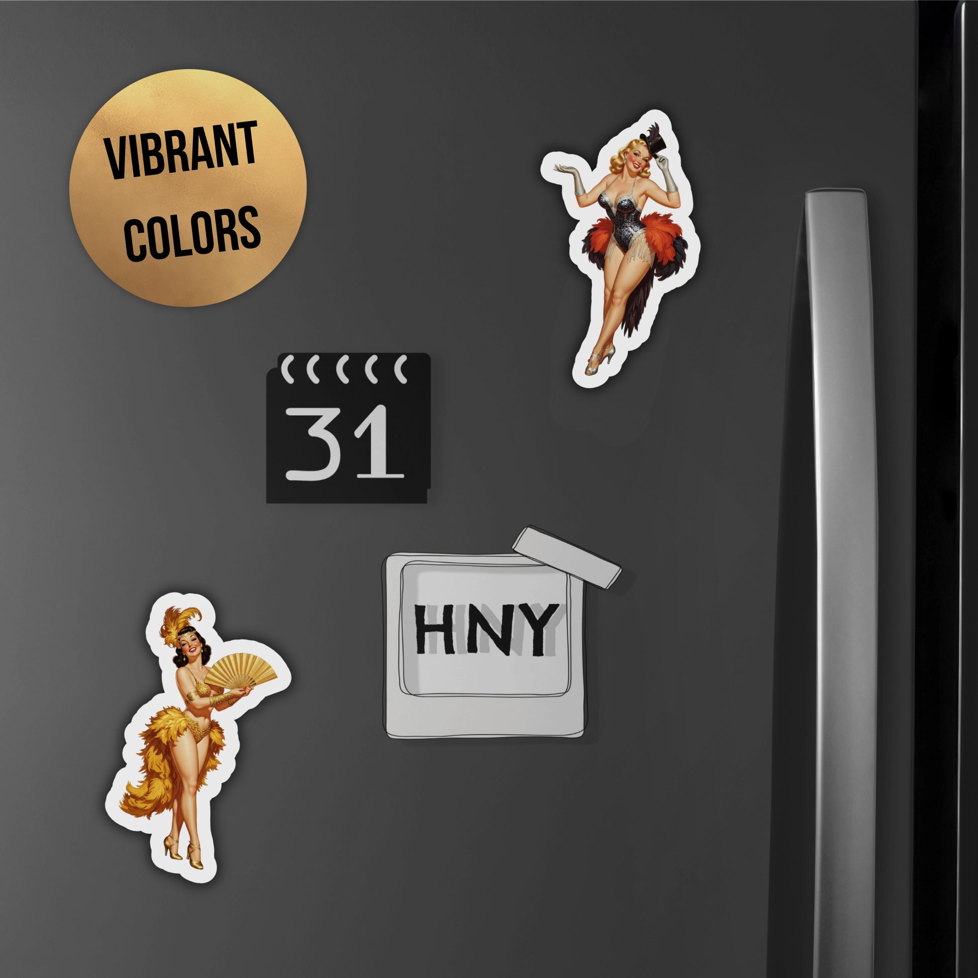 Fridge magnets with colorful designs on a black surface