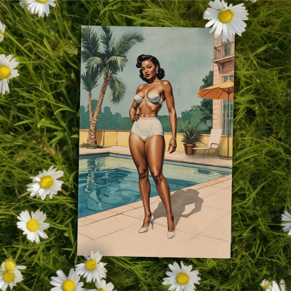 Illustration of a retro black woman in a vintage swimsuit by a pool, surrounded by daisies.