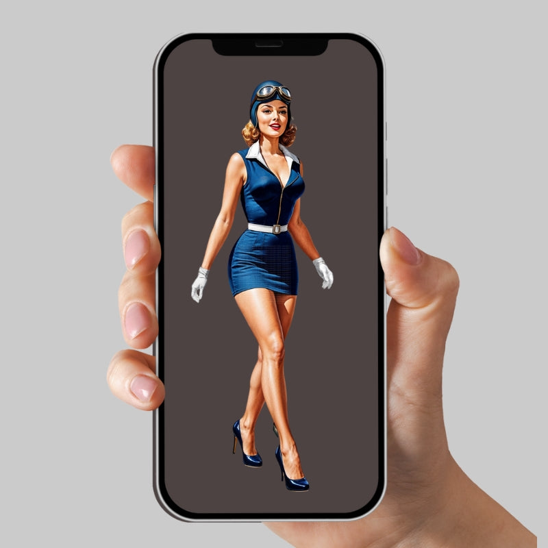 Phone displaying an illustration of a woman in a blue uniform, held by a hand against a gray background