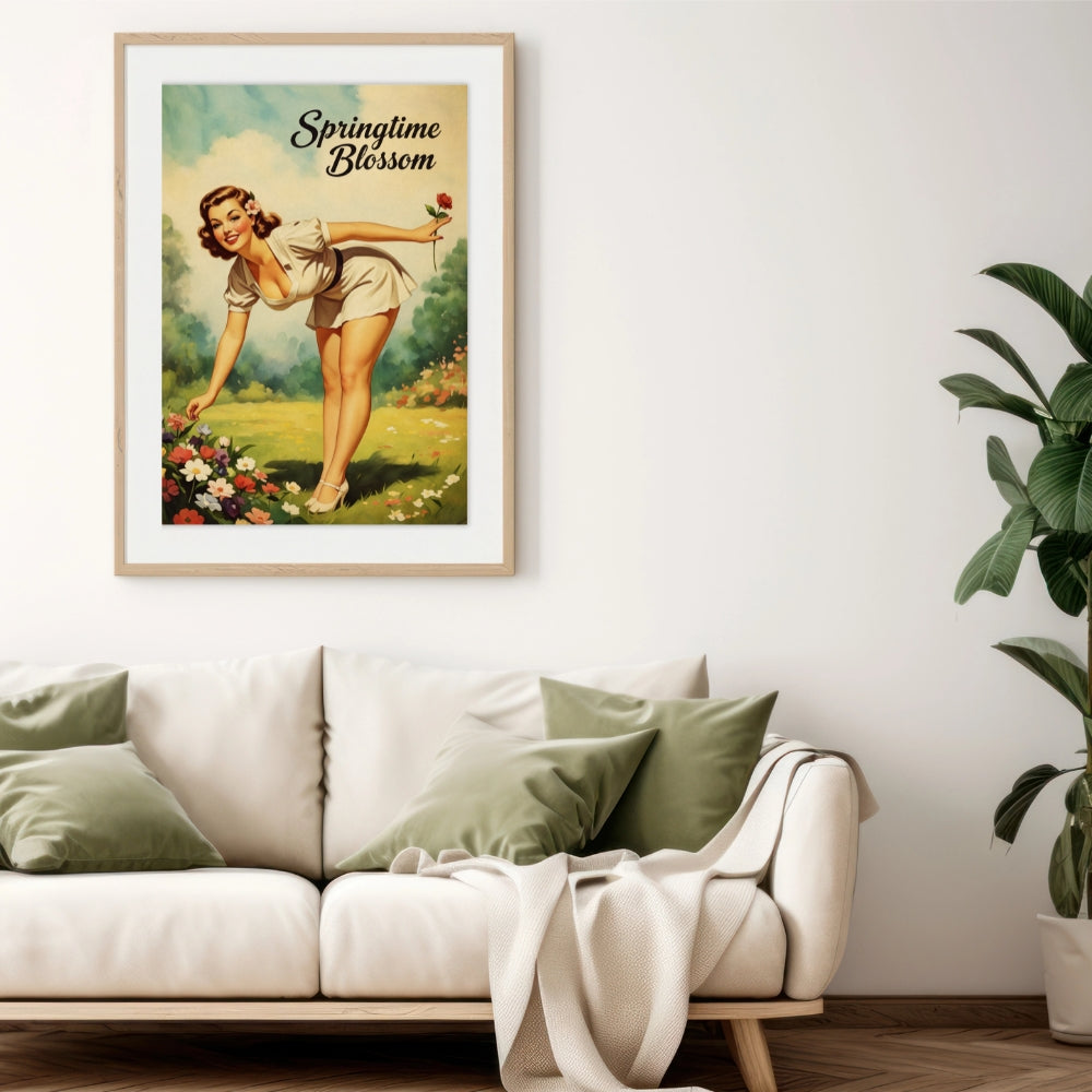 Framed vintage-style poster of a woman in a garden with 'Springtime Blossom' text, above a white sofa with green pillows.