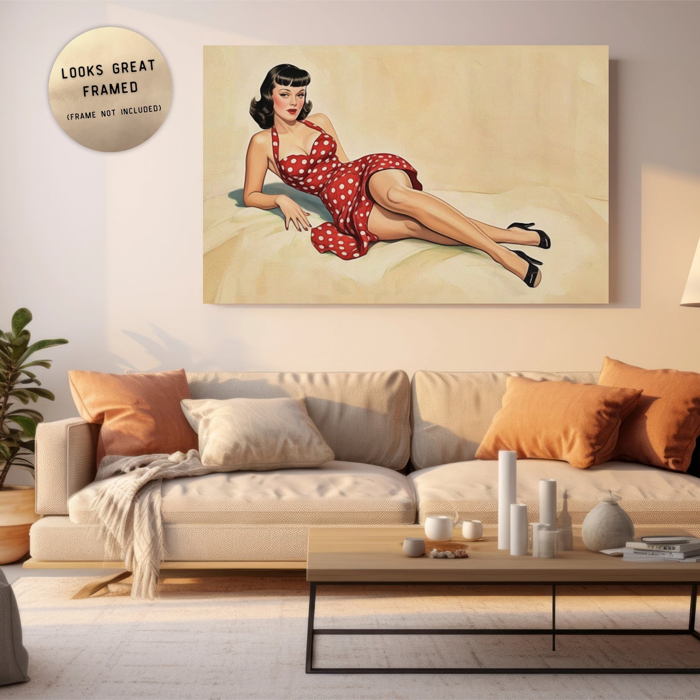 Living room with a painting of a woman in a red polka dot dress on the wall.