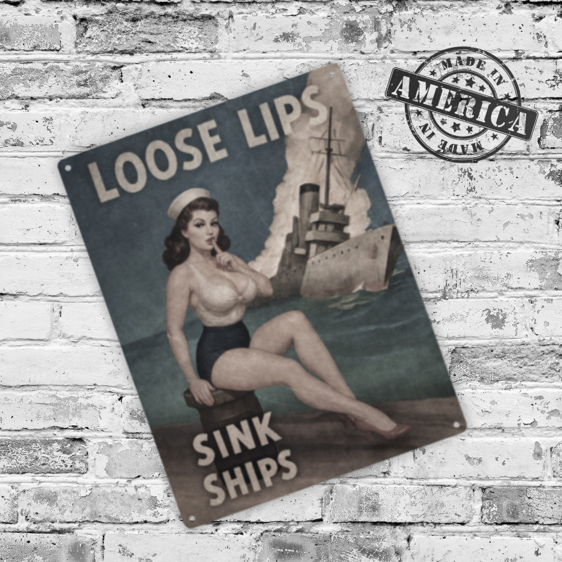 Vintage-style sign with a woman and ship graphic on a brick wall background
