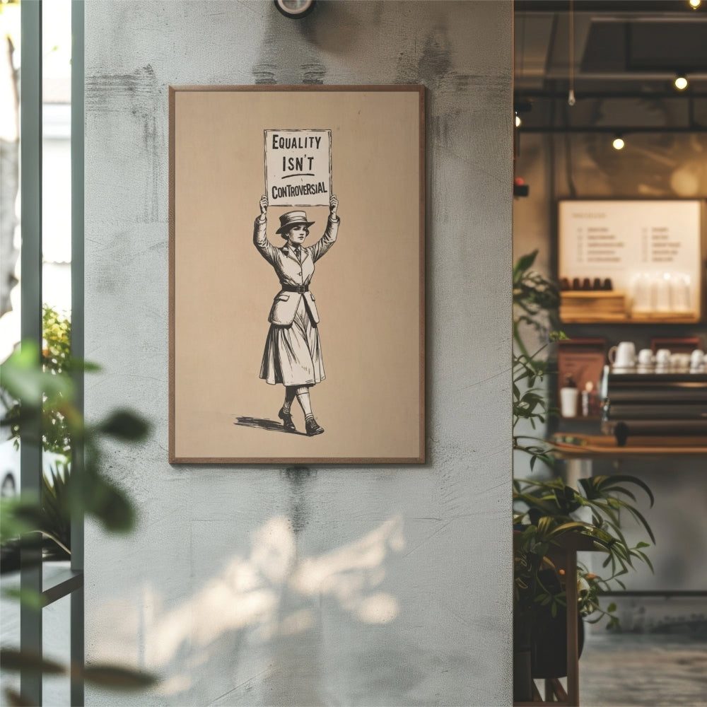 Framed artwork of a person holding a sign with 'Equality Isn't Cartesian' text, displayed on a wall.