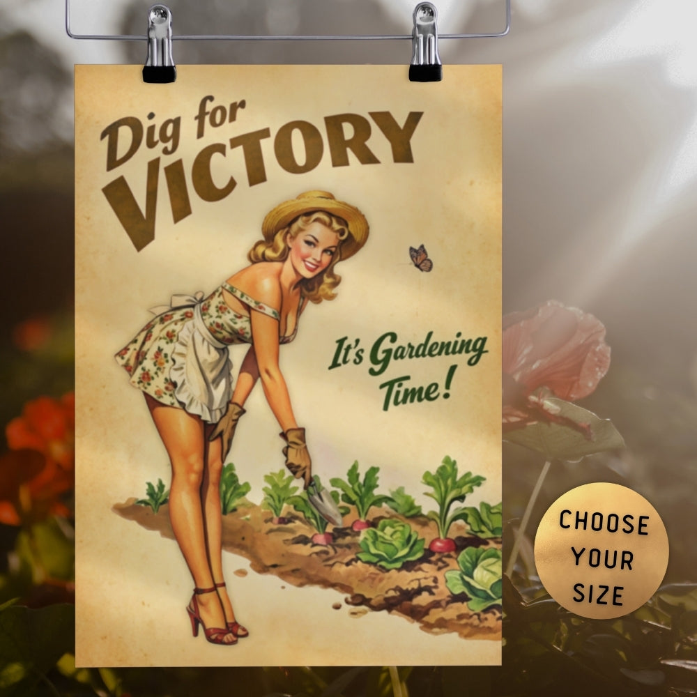 Vintage-style poster with a woman gardening and text 'Dig for Victory, It's Gardening Time!' on a blurred background.