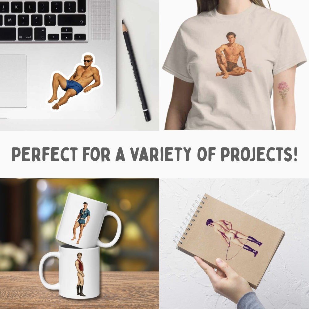 Collage of products with a design of a person in various poses, including a laptop, t-shirt, mugs, and a notebook.