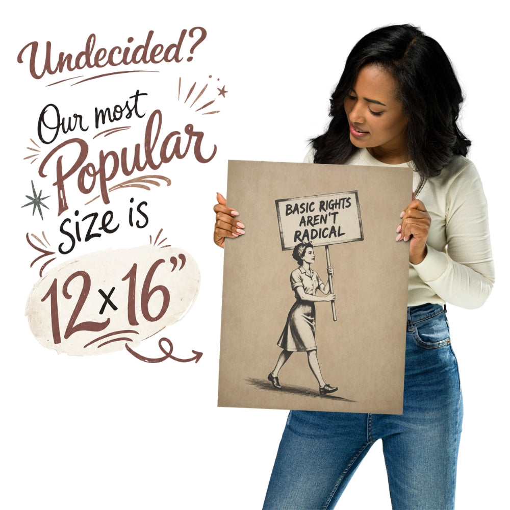 Woman holding a poster with text and a drawing, with promotional text about print sizes.