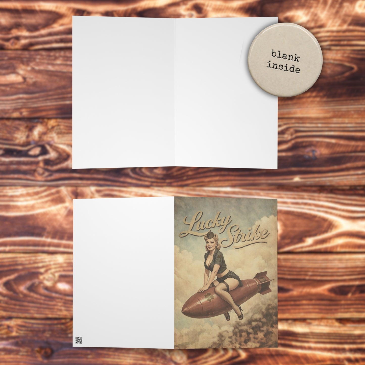 Greeting card with vintage design on a wooden surface
