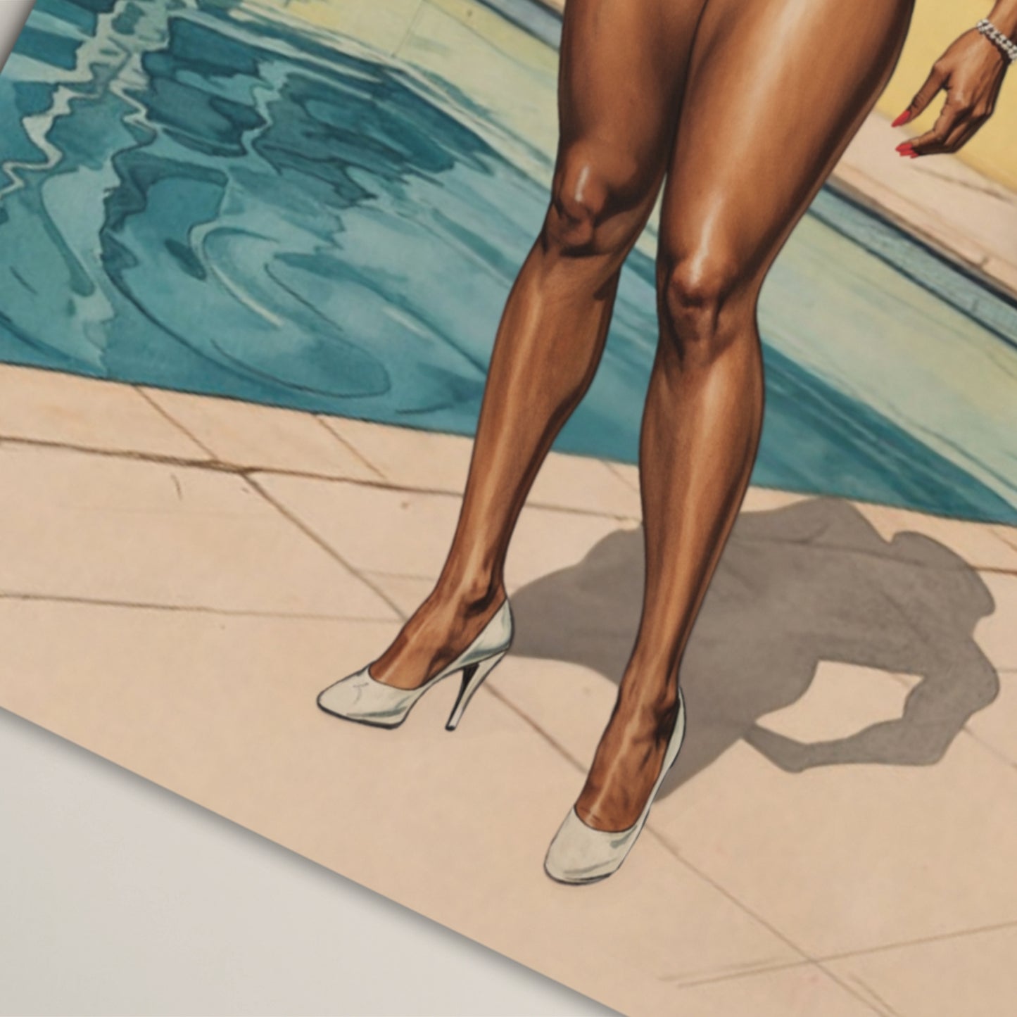 Illustration of legs in high heels by a poolside