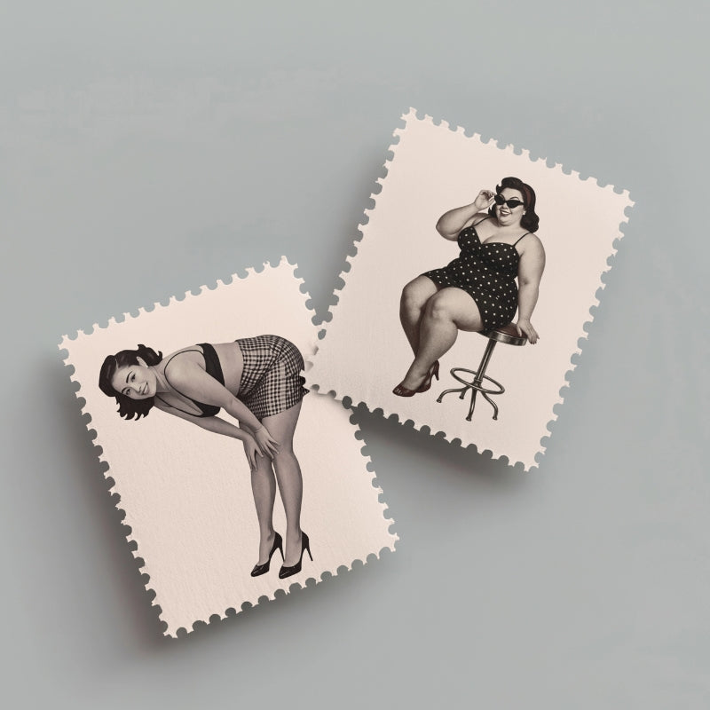 Two vintage-style postage stamps featuring women on a gray background