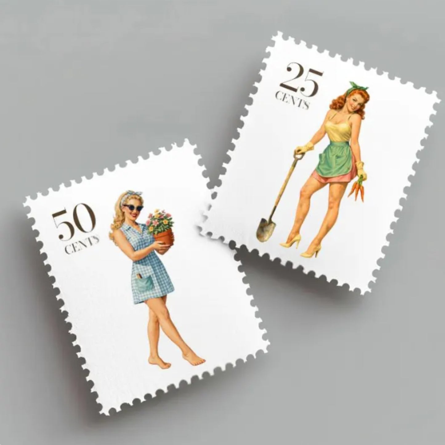 Two vintage-style postage stamps featuring women with gardening tools on a gray background.