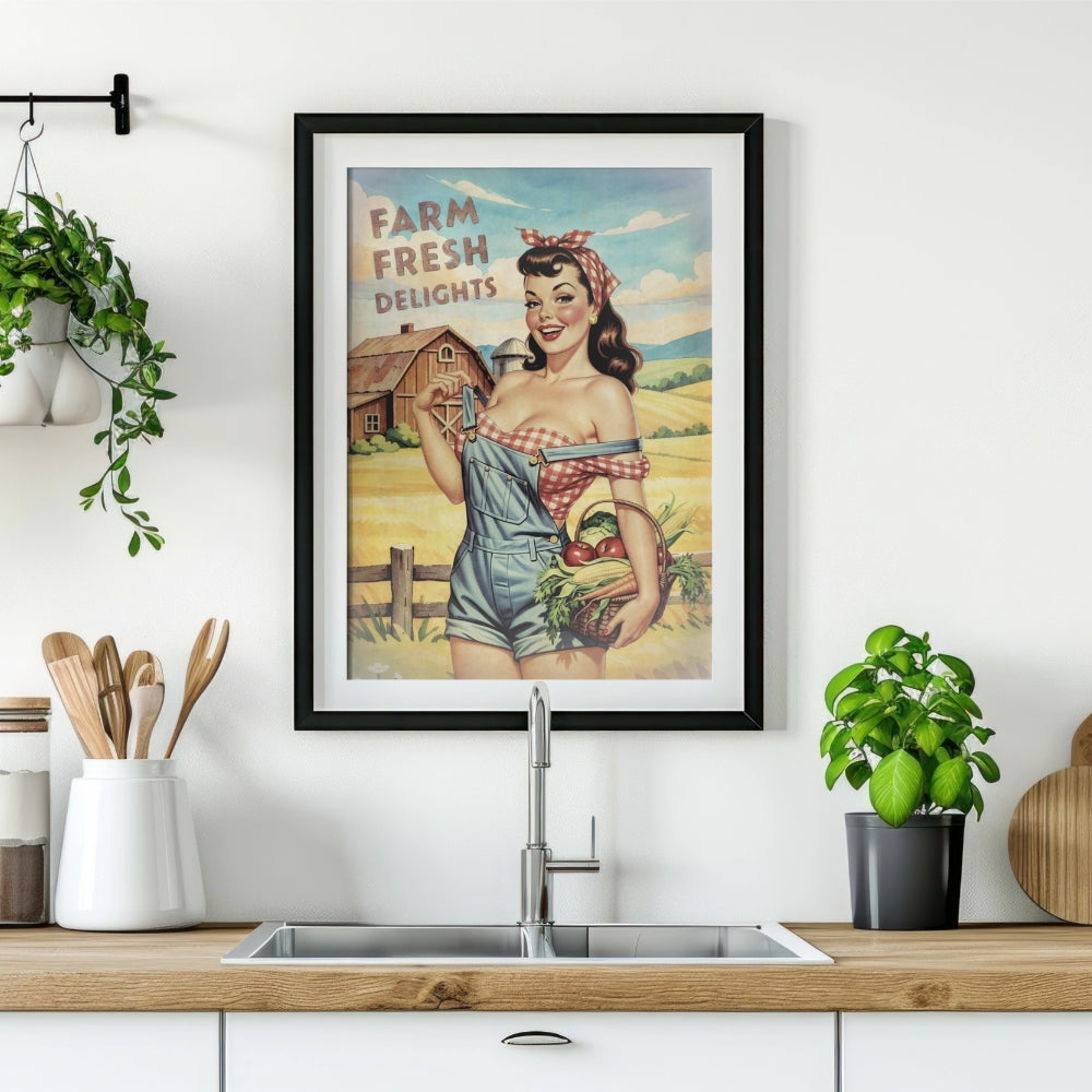 Framed vintage-style poster of a woman holding vegetables in a kitchen setting.