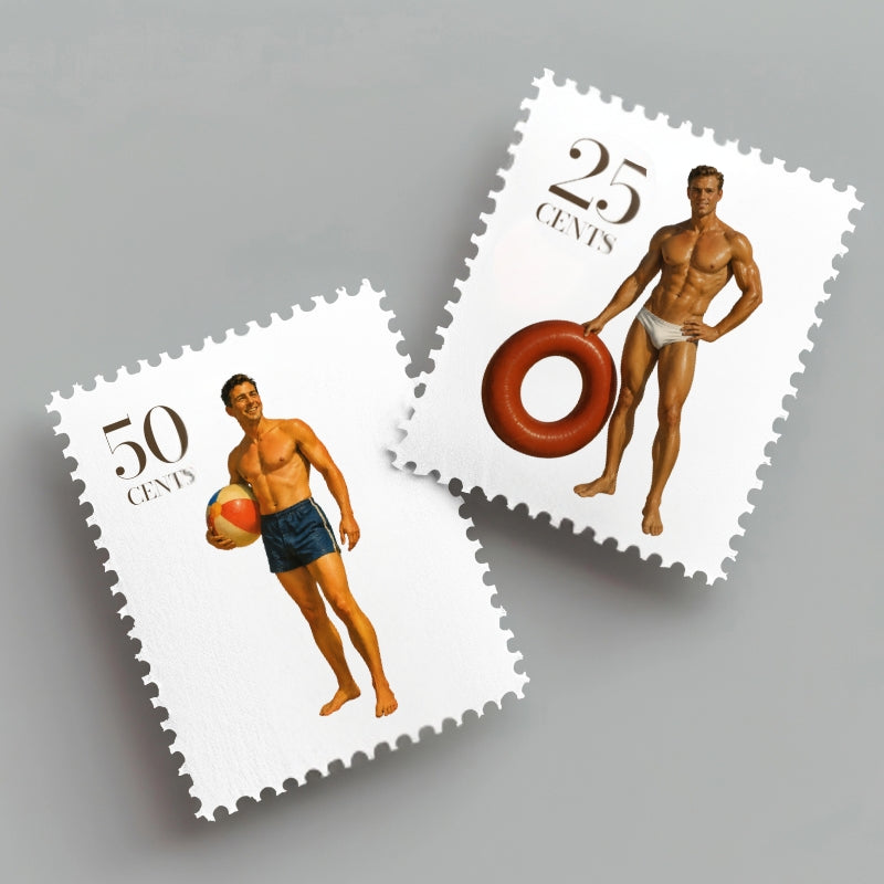 Two vintage-style postage stamps featuring men in swimsuits on a gray background