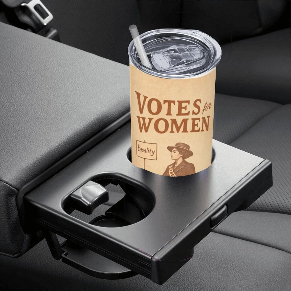Coffee cup with 'Votes for Women' design in a car cup holder
