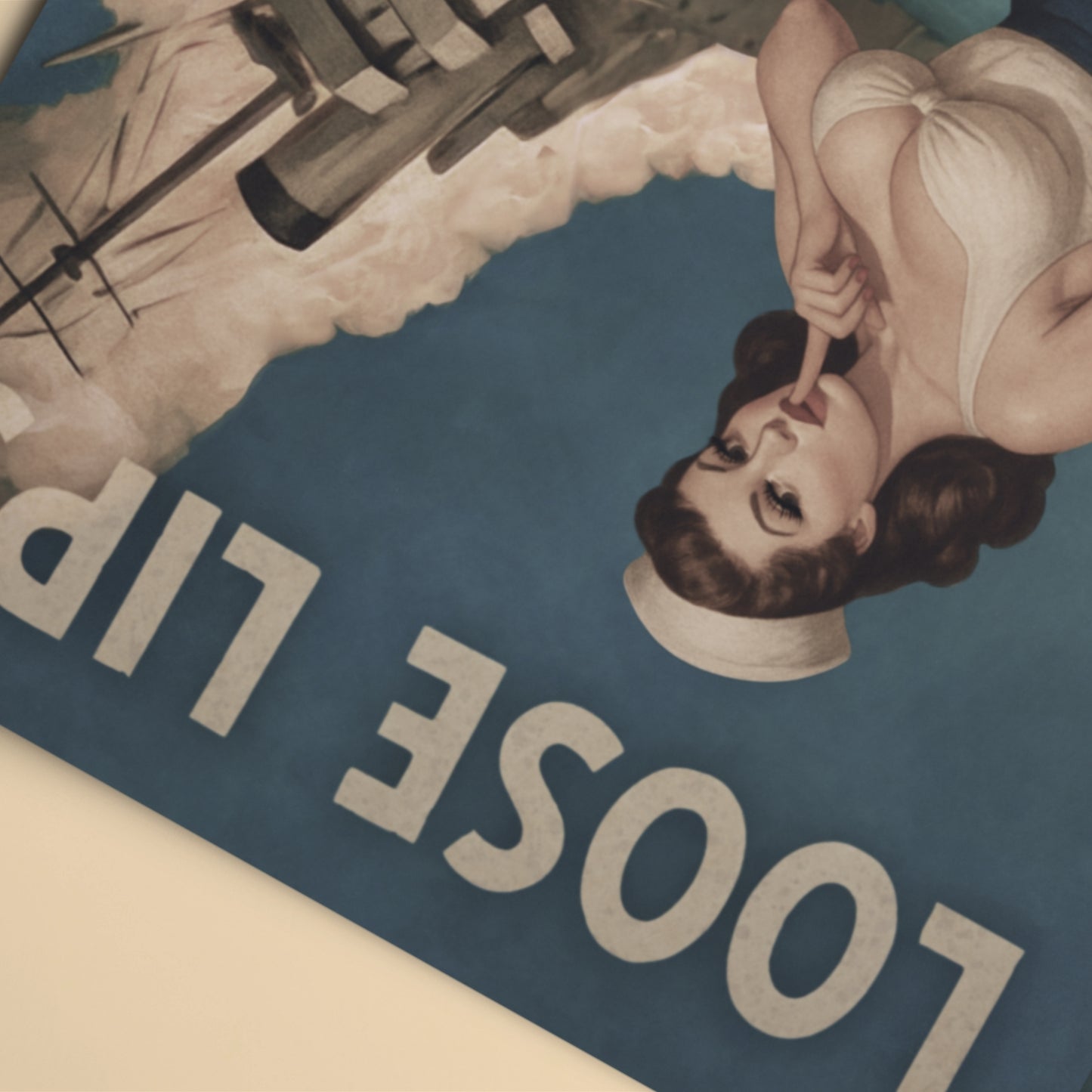 Vintage-style advertisement with a woman's face and 'LOOSE LIP' text on a blue background