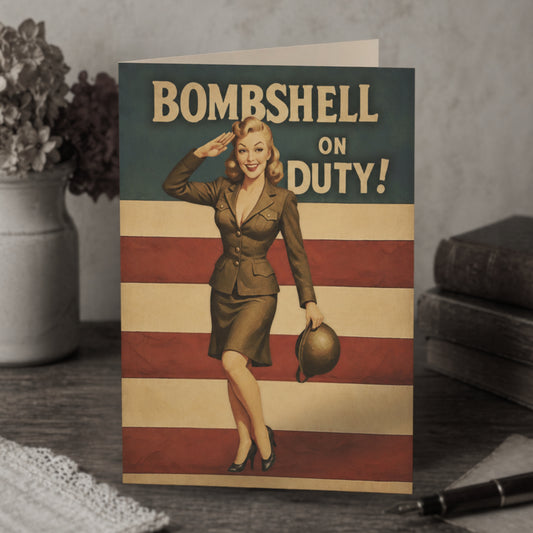 Bombshell On Duty Vintage Pin-Up Greeting Card | Retro Military Pinup | Patriotic WWII Style Card