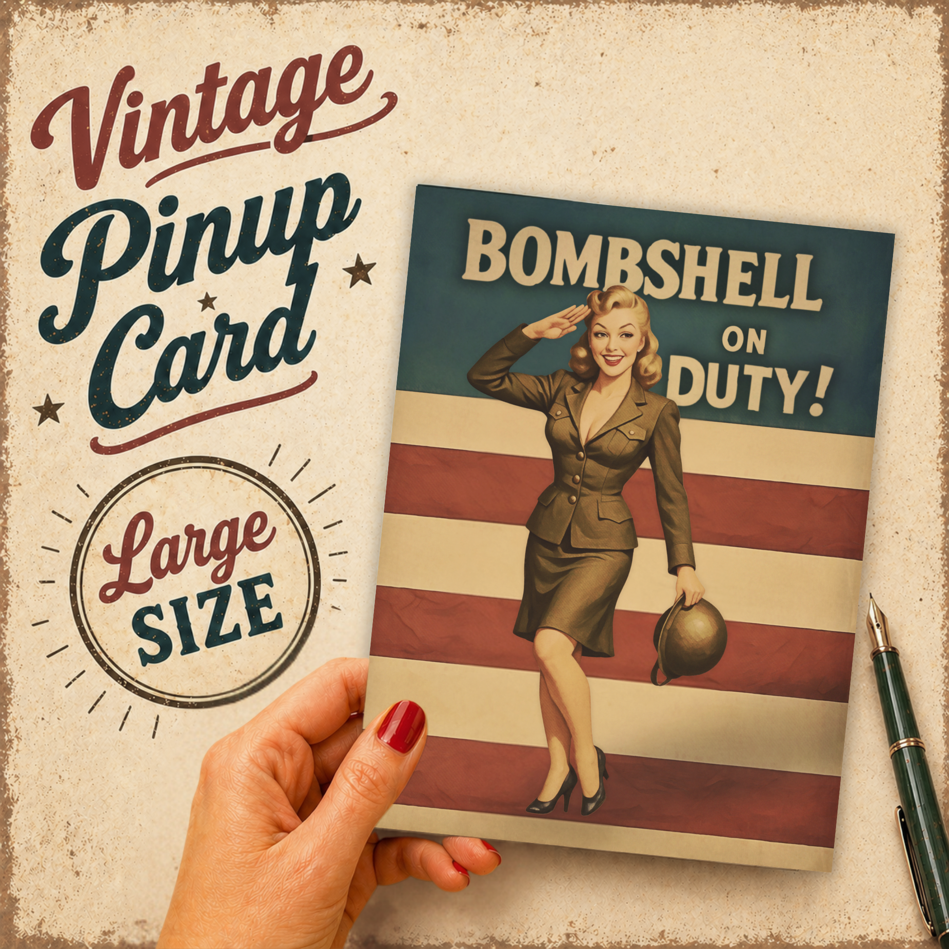Vintage-style pin-up card with a woman in uniform and text, held by a hand.