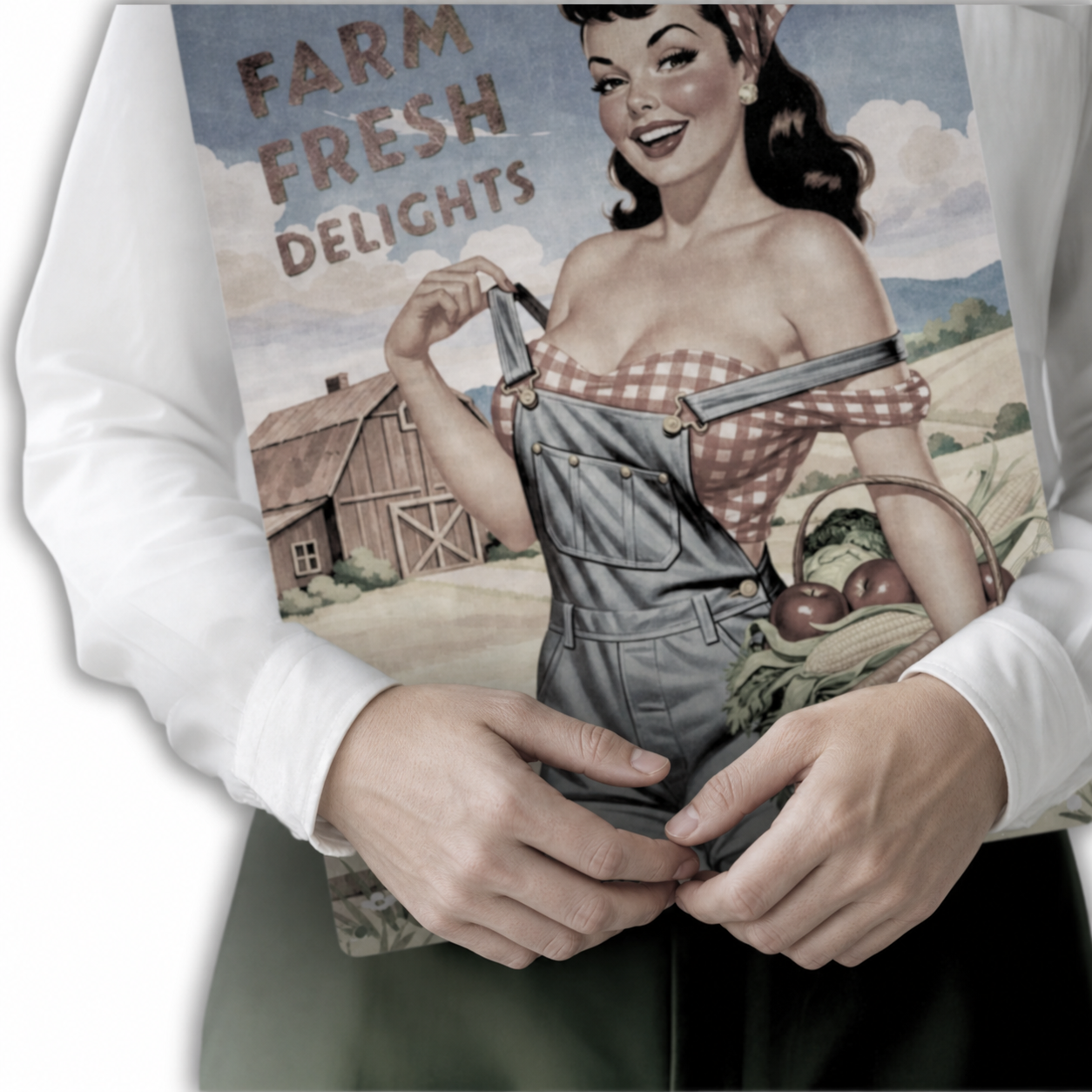 Person wearing a shirt with a vintage-style graphic of a woman in overalls and a 'Farm Fresh Delights' sign.