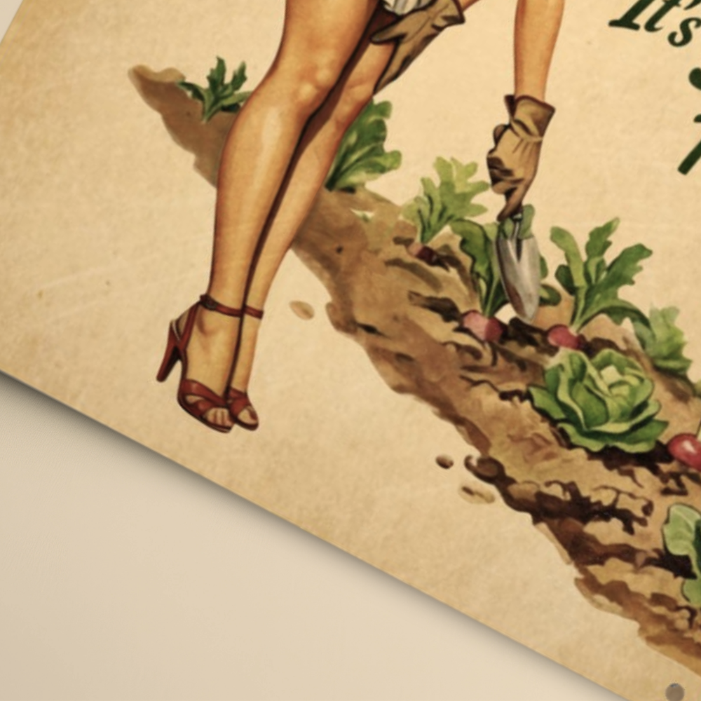 Illustration of a woman's legs in high heels with gardening gloves and tools on a garden background.