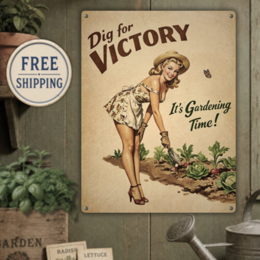 Vintage-style sign with a woman gardening and text 'Dig for Victory, It's Gardening Time!' on a wooden background.